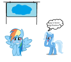 Size: 441x382 | Tagged: safe, derpibooru import, rainbow dash, trixie, pegasus, pony, unicorn, blushing, female, implied bedwetting, implied wetting, mare, urine