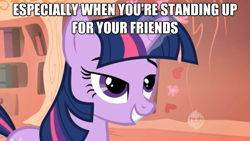 Size: 625x352 | Tagged: safe, derpibooru import, twilight sparkle, unicorn twilight, pony, unicorn, female, glowing horn, golden oaks library, grin, horn, hub logo, image macro, mare, smiling, solo, text