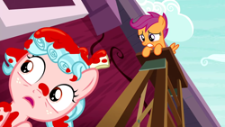 Size: 1280x720 | Tagged: safe, screencap, cozy glow, scootaloo, pegasus, pony, marks for effort, duo, female, filly, not blood, out of context, paint