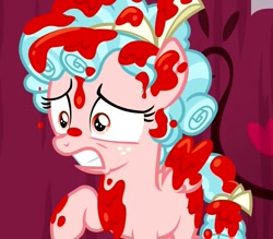 Size: 817x715 | Tagged: safe, screencap, cozy glow, pegasus, pony, marks for effort, bow, cropped, female, filly, hair bow, not blood, out of context, paint, paint on fur, raised hoof, solo, tail bow