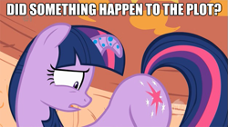 Size: 625x351 | Tagged: safe, derpibooru import, edit, edited screencap, screencap, twilight sparkle, caption, image macro, plot, poison joke, solo, twilight flopple