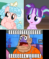 Size: 1204x1444 | Tagged: safe, edit, edited screencap, screencap, cozy glow, starlight glimmer, pegasus, pony, marks for effort, uncommon bond, cozybetes, cute, evil, female, filly, filly starlight glimmer, mermaid man, mermaid man and barnacle boy, spongebob squarepants, younger