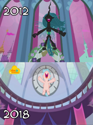 Size: 514x690 | Tagged: safe, derpibooru import, screencap, cozy glow, queen chrysalis, changeling, changeling queen, pegasus, pony, a canterlot wedding, school raze, comparison, female, filly