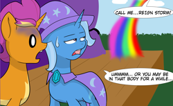 Size: 3383x2065 | Tagged: safe, artist:chedx, derpibooru import, smolder, trixie, unicorn, comic:claws and hooves, cropped, implied rainbow dash, ponified smolder, rainbow, shocked, species swap, stage, sweat, sweatdrop, white eyes