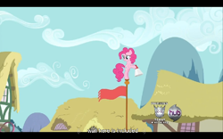 Size: 768x480 | Tagged: safe, screencap, pinkie pie, earth pony, pony, a friend in deed, hub logo, youtube caption