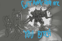 Size: 1500x1000 | Tagged: safe, artist:t72b, derpibooru exclusive, derpibooru import, queen chrysalis, starlight glimmer, trixie, changeling, changeling queen, pony, alien (franchise), angry, female, holding a pony, hoof hold, loader, mare, monochrome, parody, powered exoskeleton, suprised look, surprised, text, vulgar, yelling