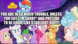 Size: 1024x576 | Tagged: safe, derpibooru import, edit, edited screencap, editor:useraccount, screencap, applejack, cozy glow, fluttershy, pinkie pie, rainbow dash, rarity, spike, starlight glimmer, twilight sparkle, twilight sparkle (alicorn), alicorn, dragon, earth pony, pegasus, pony, unicorn, school raze, cozy glow drama, cozybuse, drama, evil, excessive exclamation marks, female, filly, image macro, mane seven, mane six, meme, mouthpiece, op is a cuck, op is trying to start shit, pure concentrated unfiltered evil of the utmost potency, pure unfiltered evil, starlight drama, winged spike