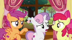Size: 1280x720 | Tagged: safe, screencap, apple bloom, cozy glow, scootaloo, sweetie belle, pegasus, pony, unicorn, marks for effort, apple tree, clubhouse, crusaders clubhouse, crying, cutie mark crusaders, female, filly, pure concentrated unfiltered evil of the utmost potency, pure unfiltered evil, tree, tree stump, window