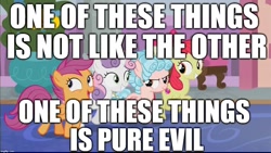 Size: 1024x576 | Tagged: safe, edit, edited screencap, editor:useraccount, screencap, apple bloom, cozy glow, scootaloo, sweetie belle, pegasus, pony, school raze, cutie mark crusaders, evil, evil grin, female, filly, foal, grin, image macro, meme, one of these things is not like the others, pure concentrated unfiltered evil of the utmost potency, pure unfiltered evil, quartet, sesame street, smiling
