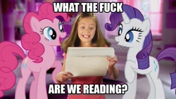 Size: 853x480 | Tagged: safe, pinkie pie, rarity, human, irl, meme, photo, vulgar, what the fuck am i reading