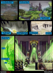 Size: 3000x4091 | Tagged: safe, artist:dracojayproduct, princess luna, oc, oc:judicator, alicorn, minotaur, pony, comic:lunar isolation, armor, canterlot, castle of the royal pony sisters, cloudsdale, comic, everfree forest, ghastly gorge, gorge, soldiers