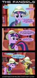 Size: 2000x4130 | Tagged: safe, artist:daringdashie, derpibooru import, daring do, rainbow dash, twilight sparkle, pegasus, pony, comic, cosplay, hypocritical humor