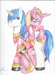 Size: 800x1098 | Tagged: safe, artist:friezz, princess cadance, shining armor, alicorn, pony, unicorn, clothes, couple, female, male, raised hoof, shiningcadance, shipping, smiling, straight, traditional art, uniform