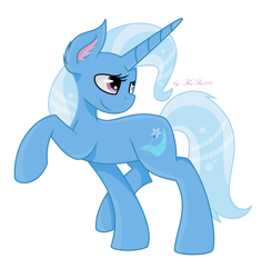 Size: 2860x2916 | Tagged: safe, artist:kapai882, derpibooru import, trixie, pony, unicorn, female, lidded eyes, looking back, mare, raised leg, simple background, smiling, solo, white background