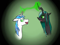 Size: 640x480 | Tagged: safe, artist:thetreeofice, queen chrysalis, shining armor, changeling, changeling queen, pony, unicorn, changeling feeding, cheerful, drool, female, magic, male, mind control, shining chrysalis, straight