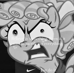 Size: 750x747 | Tagged: safe, edit, edited screencap, screencap, cozy glow, pegasus, pony, school raze, believe in something, cozy glow is best facemaker, deranged, faic, female, filly, foal, grayscale, meme, monochrome, nike, solo