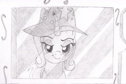 Size: 3268x2173 | Tagged: safe, artist:fizzban08, derpibooru import, trixie, pony, unicorn, lidded eyes, mirror, sketch, smiling, solo, traditional art