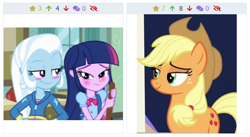 Size: 490x269 | Tagged: safe, derpibooru import, applejack, trixie, twilight sparkle, equestria girls, derpibooru, female, juxtaposition, lesbian, meta, shipping, twixie