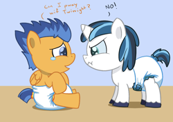 Size: 1248x883 | Tagged: safe, artist:artiecanvas, flash sentry, shining armor, pony, unicorn, age regression, baby, baby pony, diaper, foal, poofy diaper, shipping denied