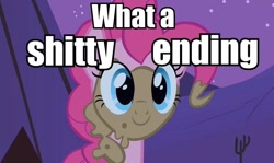 Size: 756x451 | Tagged: safe, pinkie pie, earth pony, pony, female, image macro, mare, pink coat, pink mane, poop, vulgar