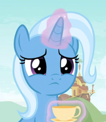 Size: 512x591 | Tagged: safe, derpibooru import, screencap, trixie, pony, unicorn, student counsel, cropped, cup, cute, diatrixes, female, levitation, magic, sad, sadorable, solo, teacup, telekinesis, that pony sure does love teacups