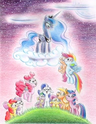 Size: 1125x1456 | Tagged: safe, artist:deathcutlet, apple bloom, applejack, fluttershy, pinkie pie, princess luna, rainbow dash, rarity, scootaloo, spike, sweetie belle, twilight sparkle, alicorn, dragon, earth pony, pegasus, pony, unicorn, cloud, cutie mark crusaders, floppy ears, mane seven, mane six, traditional art