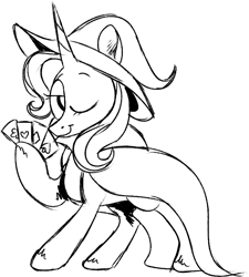 Size: 633x704 | Tagged: safe, artist:woollily, derpibooru import, trixie, pony, unicorn, cape, clothes, female, hat, looking at you, mare, monochrome, one eye closed, playing card, smiling, solo, trixie's cape, trixie's hat