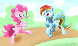 Size: 5080x3000 | Tagged: dead source, safe, artist:xcopyen002, pinkie pie, rainbow dash, earth pony, pegasus, pony, bipedal, duo, duo female, female, question mark