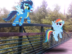 Size: 2048x1536 | Tagged: safe, artist:tokkazutara1164, rainbow dash, soarin', pony, bridge, female, irl, male, photo, ponies in real life, shipping, soarindash, straight, vector, wonderbolts uniform