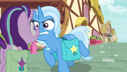 Size: 1920x1080 | Tagged: safe, derpibooru import, screencap, starlight glimmer, trixie, pony, unicorn, student counsel, angry, boop, discovery family logo, eye contact, faic, female, gritted teeth, looking at each other, mare, nervous, nose to nose, ponyville, saddle bag, special eyes, wide eyes