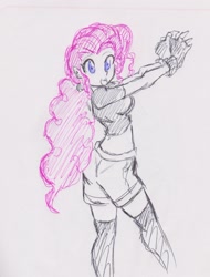 Size: 1732x2279 | Tagged: safe, artist:orochivanus, pinkie pie, equestria girls, alternate hairstyle, clothes, fingerless gloves, gloves, midriff, ponytail, shorts, simple background, socks, solo, t-shirt, thigh highs, traditional art