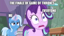 Size: 888x499 | Tagged: safe, derpibooru import, edit, edited screencap, screencap, starlight glimmer, trixie, pony, unicorn, student counsel, caption, cartoonito logo, duo, eating, female, image macro, magic, magic aura, mare, meme, shocked, telekinesis, text, unimpressed