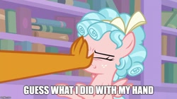 Size: 888x499 | Tagged: safe, edit, edited screencap, screencap, cozy glow, smolder, dragon, pegasus, pony, what lies beneath, bookshelf, bow, cozybuse, dragoness, duo, female, filly, hair bow, image macro, meme, ouch, push, shove