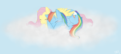 Size: 1516x679 | Tagged: safe, artist:pterosaurpony, fluttershy, rainbow dash, pegasus, pony, blushing, cloud, duo, sleeping