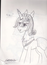 Size: 2552x3504 | Tagged: safe, artist:robotdragonx, gleaming shield, shining armor, pony, unicorn, clothes, dress, rule 63, solo, traditional art, wedding dress