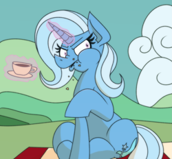 Size: 1731x1607 | Tagged: safe, artist:cowsrtasty, derpibooru import, trixie, pony, unicorn, student counsel, cloud, crumbs, cup, eating, female, levitation, magic, mare, picnic blanket, raised leg, scene interpretation, solo, teacup, telekinesis, trixie is not amused, unamused