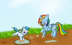 Size: 2500x1545 | Tagged: safe, artist:ac-whiteraven, rainbow dash, oc, oc:tempest, pegasus, pony, female, mother and child, mother and son, mud, offspring, parent and child, parent:rainbow dash, parent:unnamed oc, parents:canon x oc, puddle, splashing