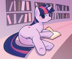 Size: 1000x826 | Tagged: safe, artist:apricolor, derpibooru import, twilight sparkle, unicorn twilight, pony, unicorn, book, bookshelf, looking at you, pixiv, plot, reading, solo