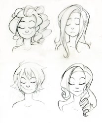 Size: 600x724 | Tagged: dead source, safe, artist:quasiarti, fluttershy, pinkie pie, rainbow dash, rarity, bare shoulder portrait, bust, eyes closed, humanized, sketch, traditional art