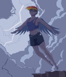 Size: 2600x3000 | Tagged: safe, artist:jakneurotic, rainbow dash, human, armpits, barefoot, cliff, clothes, eyes closed, feet, flying, goggles, high res, humanized, lightning, shorts, smiling, spread wings, storm, winged humanization, younger