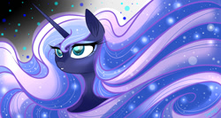 Size: 1280x683 | Tagged: safe, artist:dragonfoxgirl, princess luna, alicorn, pony, alternate design, bust, ear fluff, female, mare, solo