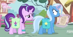 Size: 1373x690 | Tagged: safe, derpibooru import, screencap, starlight glimmer, trixie, pony, student counsel, angry, bag, bracelet, cropped, jewelry, magic, paper