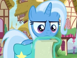 Size: 1435x1080 | Tagged: safe, derpibooru import, screencap, trixie, pony, student counsel, bag, paper, reaction image, trixie is not amused, unamused, what the fuck am i reading