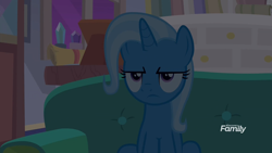 Size: 1920x1080 | Tagged: safe, derpibooru import, screencap, trixie, pony, unicorn, student counsel, annoyed, dark, female, lidded eyes, mare, sofa, solo, trixie is not amused, unamused