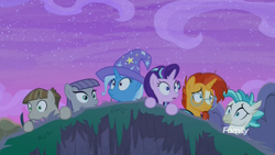 Size: 1920x1080 | Tagged: safe, derpibooru import, screencap, maud pie, mudbriar, starlight glimmer, sunburst, terramar, trixie, classical hippogriff, earth pony, hippogriff, pony, unicorn, student counsel, cliff, everfree forest, female, male, mare, night, scared, shrunken pupils, stallion, surprised, wide eyes