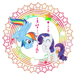 Size: 1200x1200 | Tagged: safe, artist:lucretianightgrave, artist:uretianightgreave, rainbow dash, rarity, pegasus, pony, unicorn, eyes closed, female, flying, giggling, grin, heart, lesbian, music notes, raridash, shipping, simple background, smiling, stars, transparent background, vector