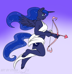 Size: 950x965 | Tagged: safe, artist:ethanqix, princess luna, alicorn, anthro, arrow, bow (weapon), bow and arrow, clothes, cupid, female, hoof feet, solo