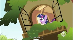 Size: 856x478 | Tagged: safe, derpibooru import, screencap, twilight sparkle, dragon quest, hub logo, youtube caption