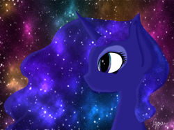 Size: 1552x1152 | Tagged: safe, artist:cyanflight, princess luna, alicorn, pony, bust, female, horn, mare, purple coat, purple mane, signature, solo, starry background, stars