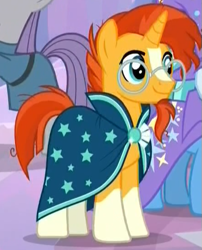 Size: 443x547 | Tagged: safe, derpibooru import, screencap, maud pie, sunburst, trixie, pony, unicorn, student counsel, clothes, cropped, glasses, offscreen character, robe, smiling, solo focus, sunburst's robe